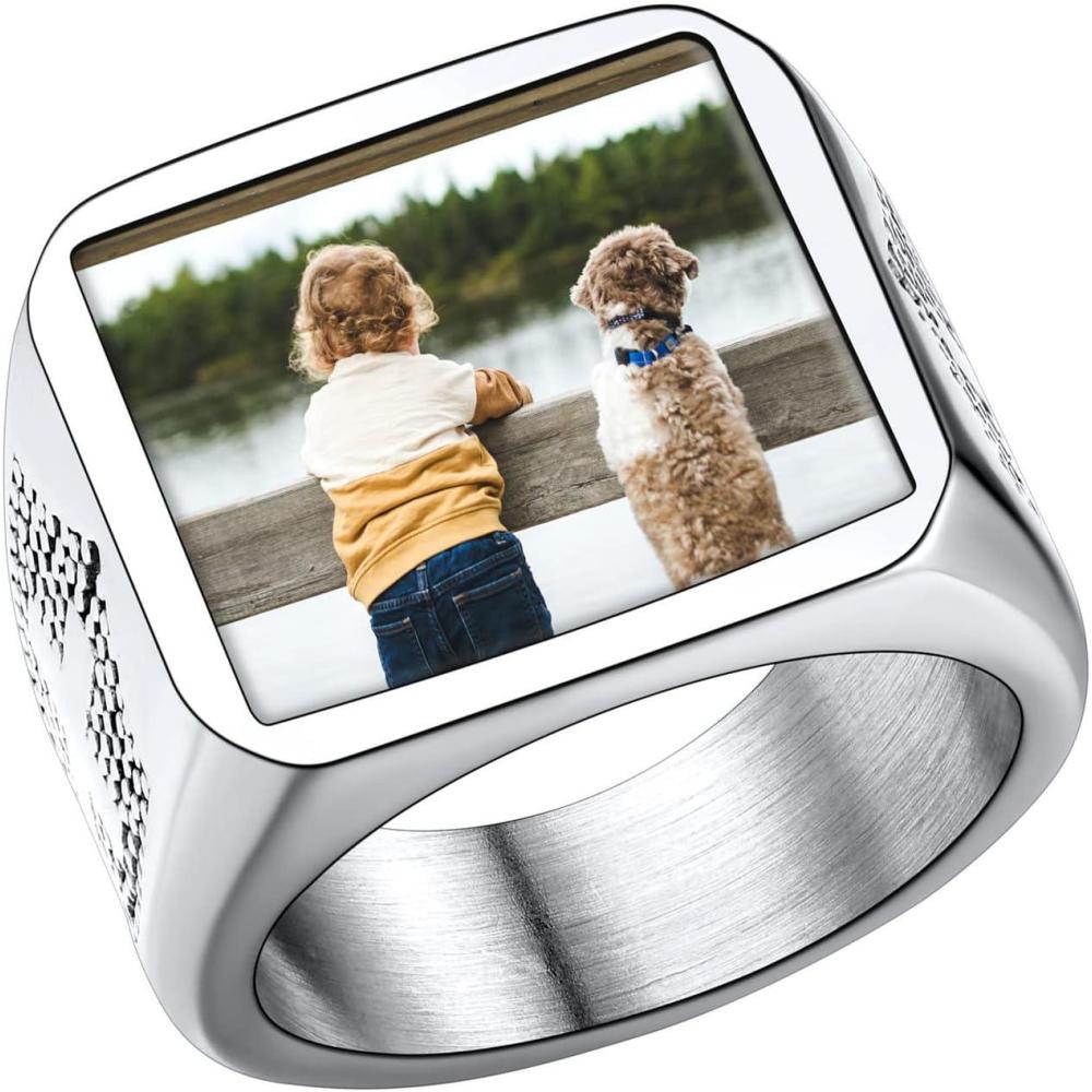 imageU7 Custom Picture amp Text Engraved Ring Stainless Steel 18K Gold Plated Wedding Engagement HeartRoundShieldSquare Signet Rings Personalized Memory Photo Inside Gift for Men WomenA3Square Cross ShieldStainless Steel