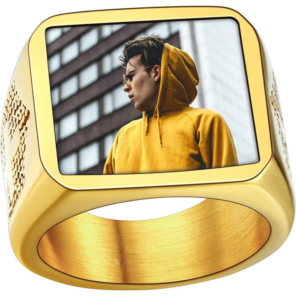 imageU7 Custom Picture amp Text Engraved Ring Stainless Steel 18K Gold Plated Wedding Engagement HeartRoundShieldSquare Signet Rings Personalized Memory Photo Inside Gift for Men WomenA3Square Cross ShieldGold