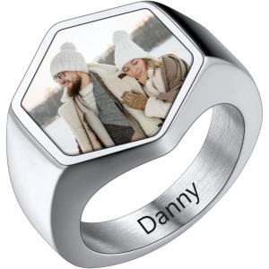 U7 Custom Picture & Text Engraved Ring Stainless Steel 18K Gold Plated Wedding Engagement Heart/Round/Shield/Square Signet Rings Personalized Memory Photo Inside, Gift for Men Women(E-Hexagon-Stainless Steel)