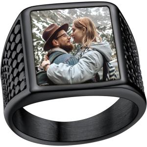 U7 Custom Picture & Text Engraved Ring Stainless Steel 18K Gold Plated Wedding Engagement Heart/Round/Shield/Square Signet Rings Personalized Memory Photo Inside, Gift for Men Women(A5-Square Dot-Black)