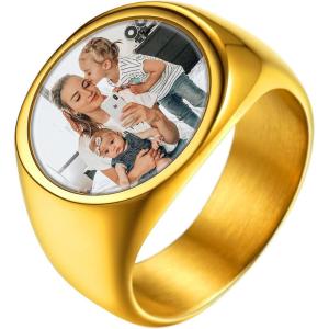 U7 Custom Picture & Text Engraved Ring Stainless Steel 18K Gold Plated Wedding Engagement Heart/Round/Shield/Square Signet Rings Personalized Memory Photo Inside, Gift for Men Women(B1-Round-Gold)