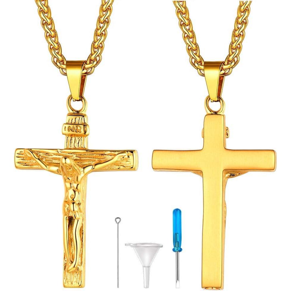 imageUrn Necklace for AshesCustomized Stainless Steel or 18K Gold Plated Cremation Jewelry Memorial Keepsake Urn Lockets Pendant for Men Women Waterproof amp Gift PackedCrucifixGoldBlank