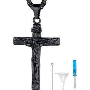 Urn Necklace for Ashes,Customized Stainless Steel or 18K Gold Plated Cremation Jewelry Memorial Keepsake Urn Lockets Pendant for Men Women -Waterproof & Gift Packed(Crucifix-Black(Blank))