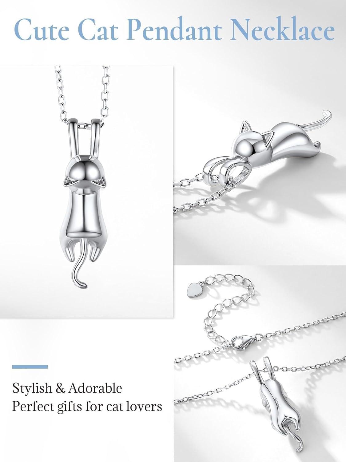 imageSILVERCUTE Cat Necklaces for Cat Lovers Sterling Silver Womens Jewelry S925 Kitten Pendant Cat Collarbone NecklaceFull cat