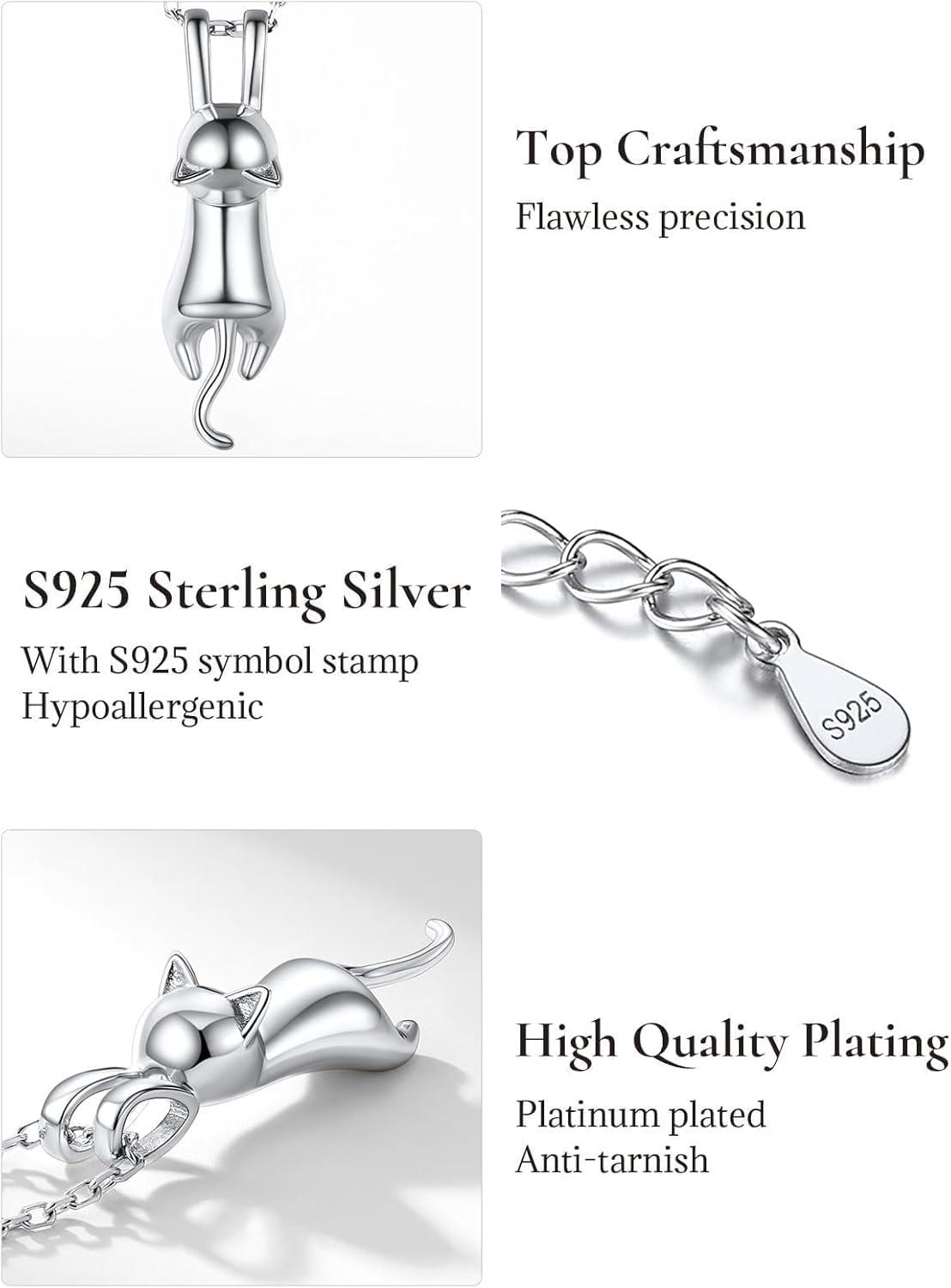 imageSILVERCUTE Cat Necklaces for Cat Lovers Sterling Silver Womens Jewelry S925 Kitten Pendant Cat Collarbone NecklaceFull cat