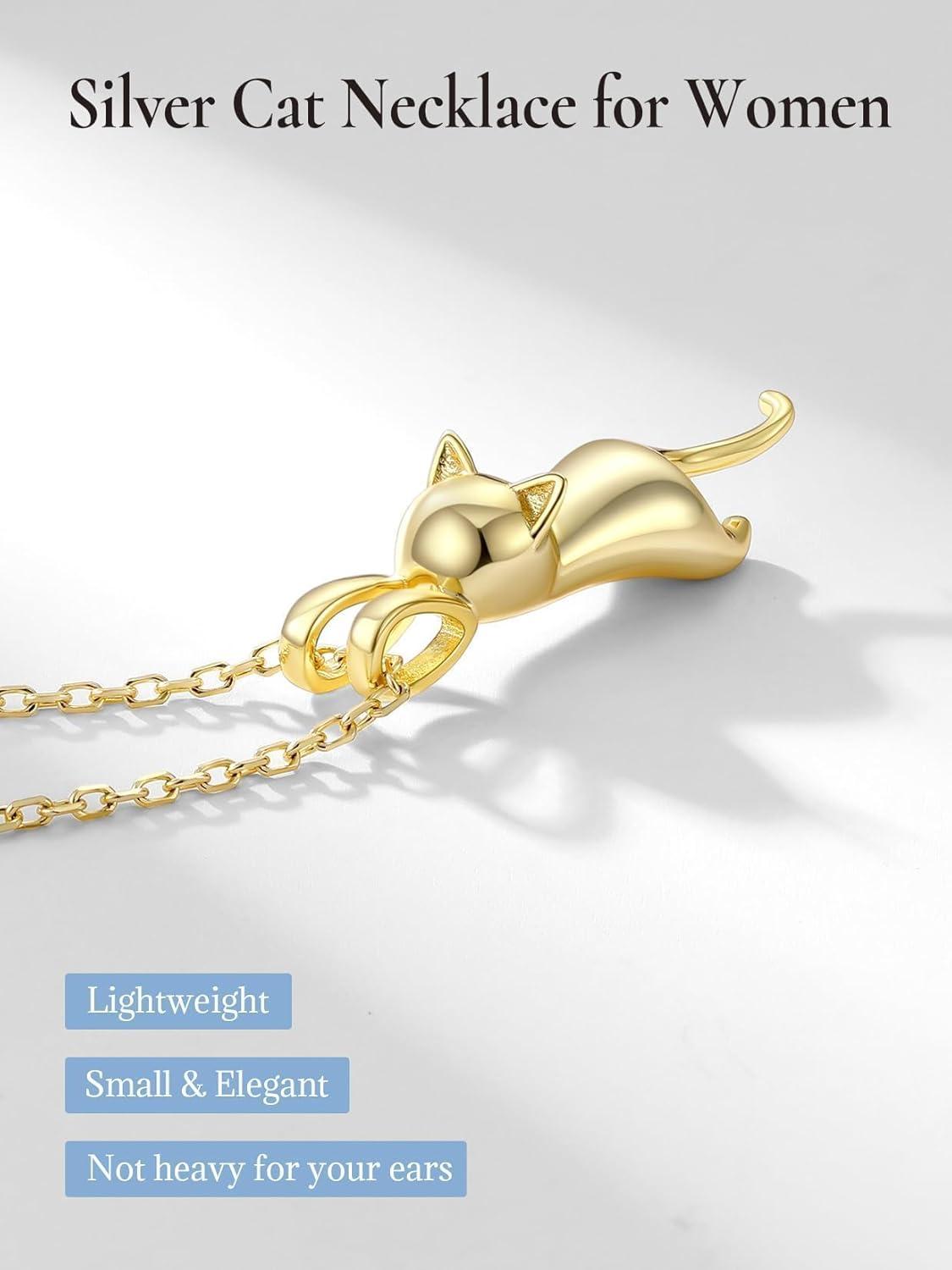imageSILVERCUTE Cat Necklaces for Cat Lovers Sterling Silver Womens Jewelry S925 Kitten Pendant Cat Collarbone NecklaceFull cat gold plated