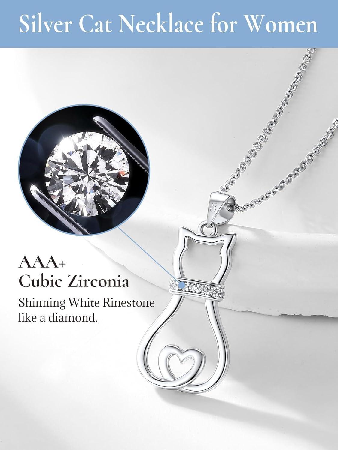 imageSILVERCUTE Cat Necklaces for Cat Lovers Sterling Silver Womens Jewelry S925 Kitten Pendant Cat Collarbone NecklaceLovely cz cat
