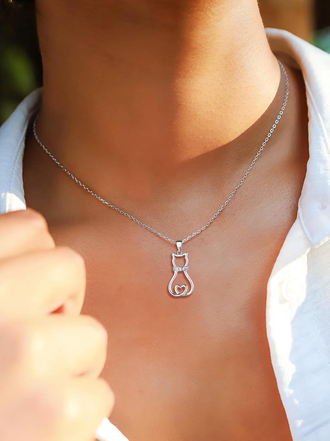 imageSILVERCUTE Cat Necklaces for Cat Lovers Sterling Silver Womens Jewelry S925 Kitten Pendant Cat Collarbone NecklaceLovely cz cat