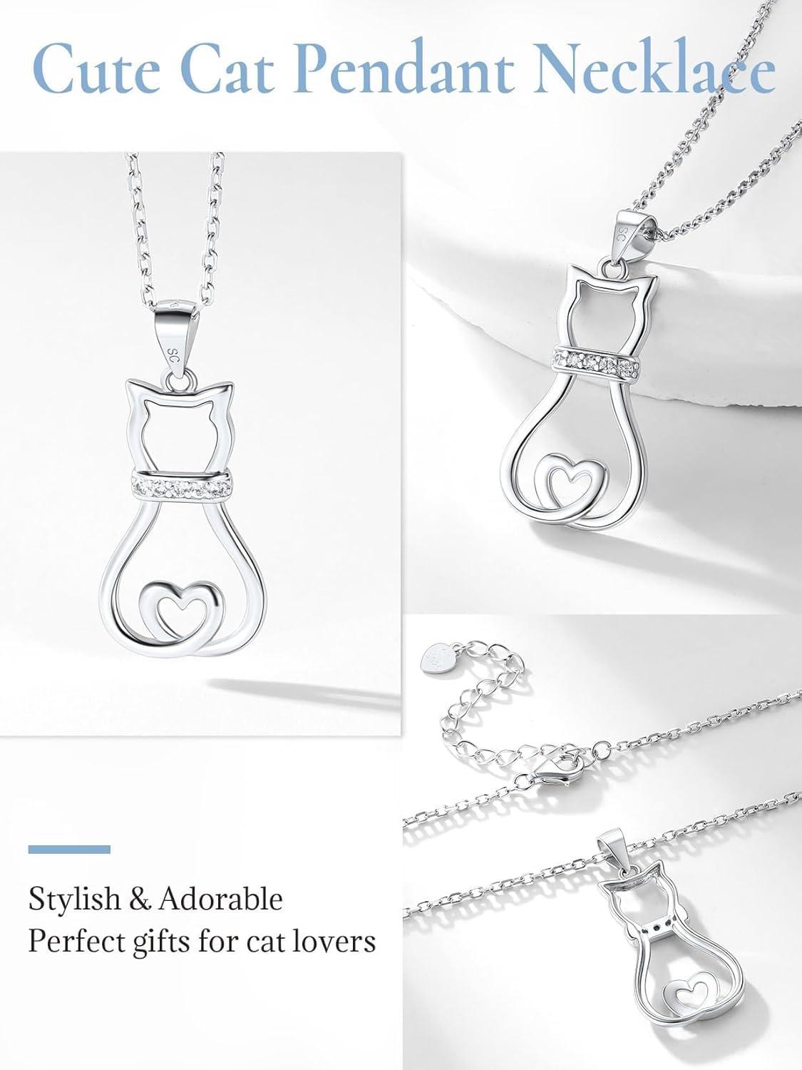 imageSILVERCUTE Cat Necklaces for Cat Lovers Sterling Silver Womens Jewelry S925 Kitten Pendant Cat Collarbone NecklaceLovely cz cat