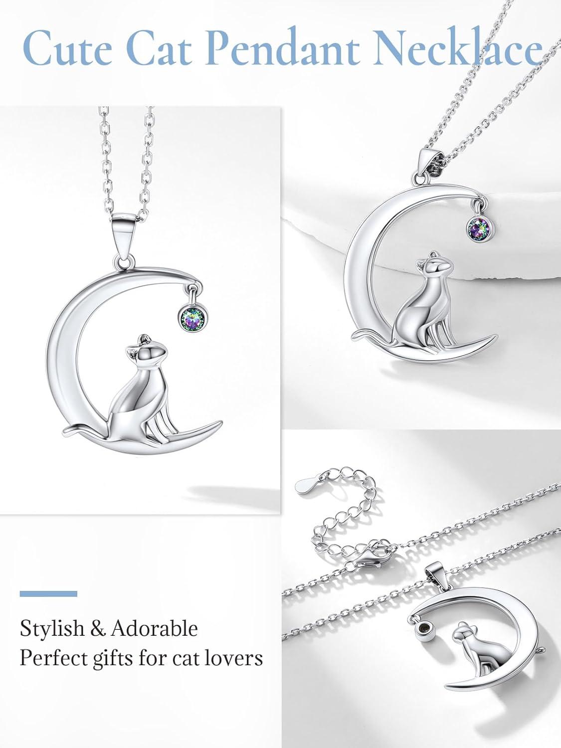 imageSILVERCUTE Cat Necklaces for Cat Lovers Sterling Silver Womens Jewelry S925 Kitten Pendant Cat Collarbone NecklaceMoon cat