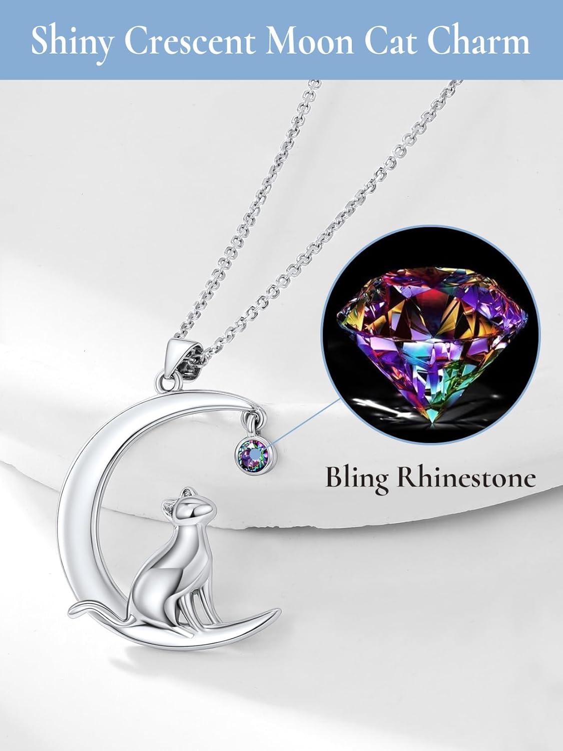 imageSILVERCUTE Cat Necklaces for Cat Lovers Sterling Silver Womens Jewelry S925 Kitten Pendant Cat Collarbone NecklaceMoon cat