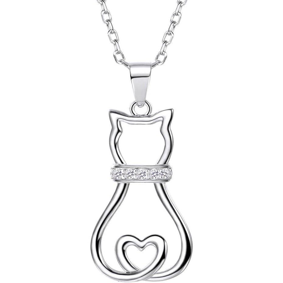 imageSILVERCUTE Cat Necklaces for Cat Lovers Sterling Silver Womens Jewelry S925 Kitten Pendant Cat Collarbone NecklaceLovely cz cat