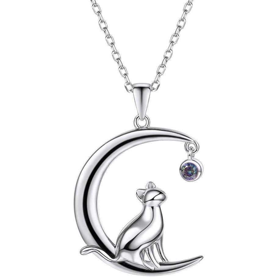 imageSILVERCUTE Cat Necklaces for Cat Lovers Sterling Silver Womens Jewelry S925 Kitten Pendant Cat Collarbone NecklaceMoon cat