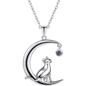 SILVERCUTE Cat Necklaces for Cat Lovers Sterling Silver Womens Jewelry S925 Kitten Pendant Cat Collarbone Necklace(Moon cat)