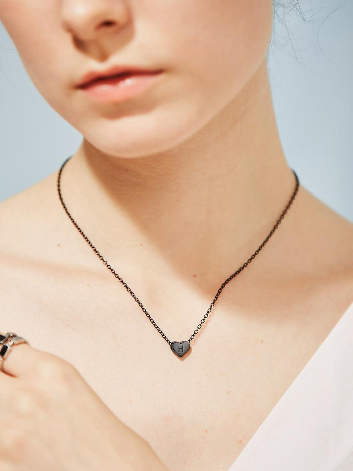 imageSILVERCUTE Tiny Initial Necklaces 925 Sterling Silver Letter AZ Letter Pendant for Women Lovers Heart Choker Necklace 162HBlack