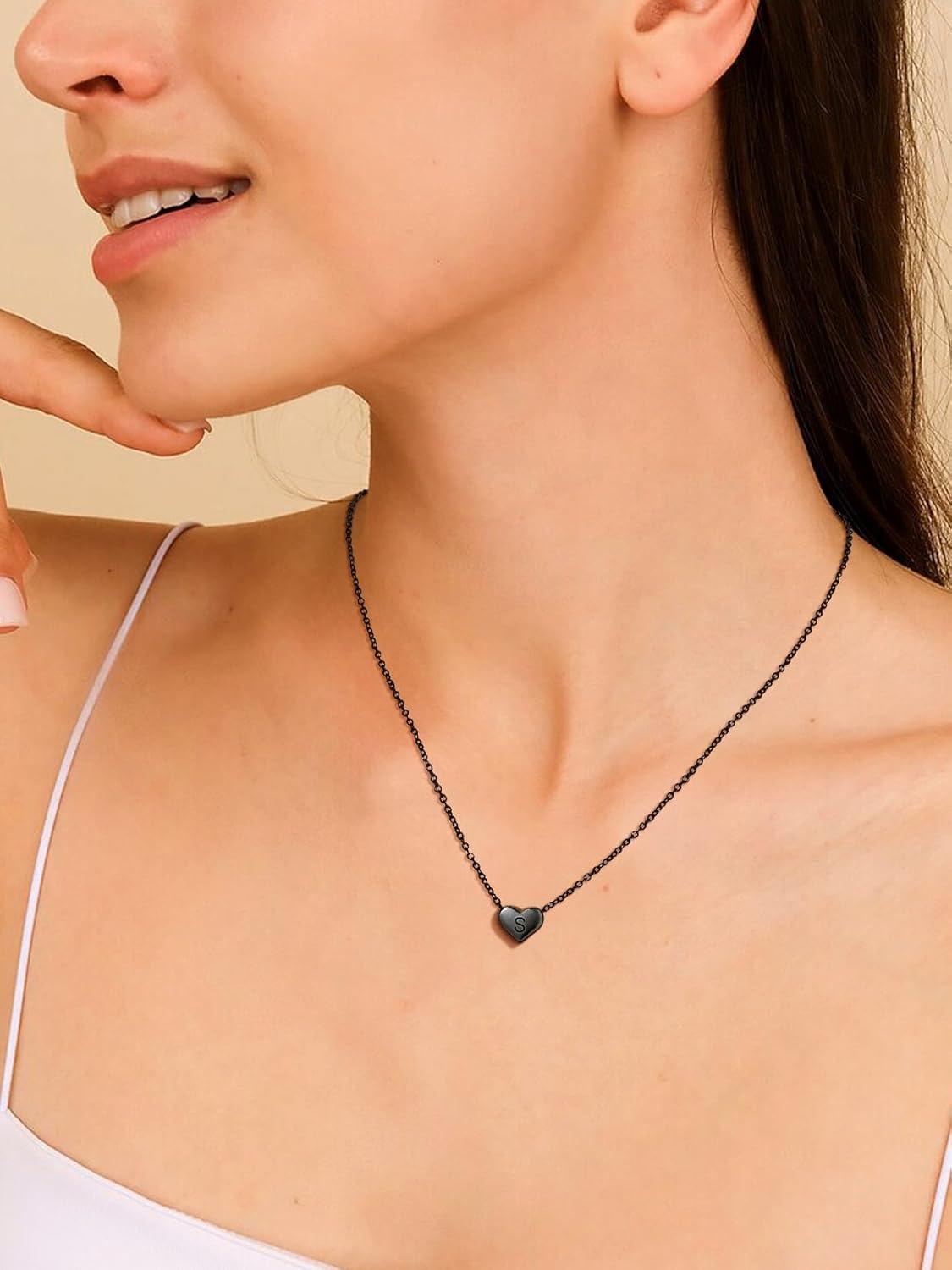 imageSILVERCUTE Tiny Initial Necklaces 925 Sterling Silver Letter AZ Letter Pendant for Women Lovers Heart Choker Necklace 162SBlack