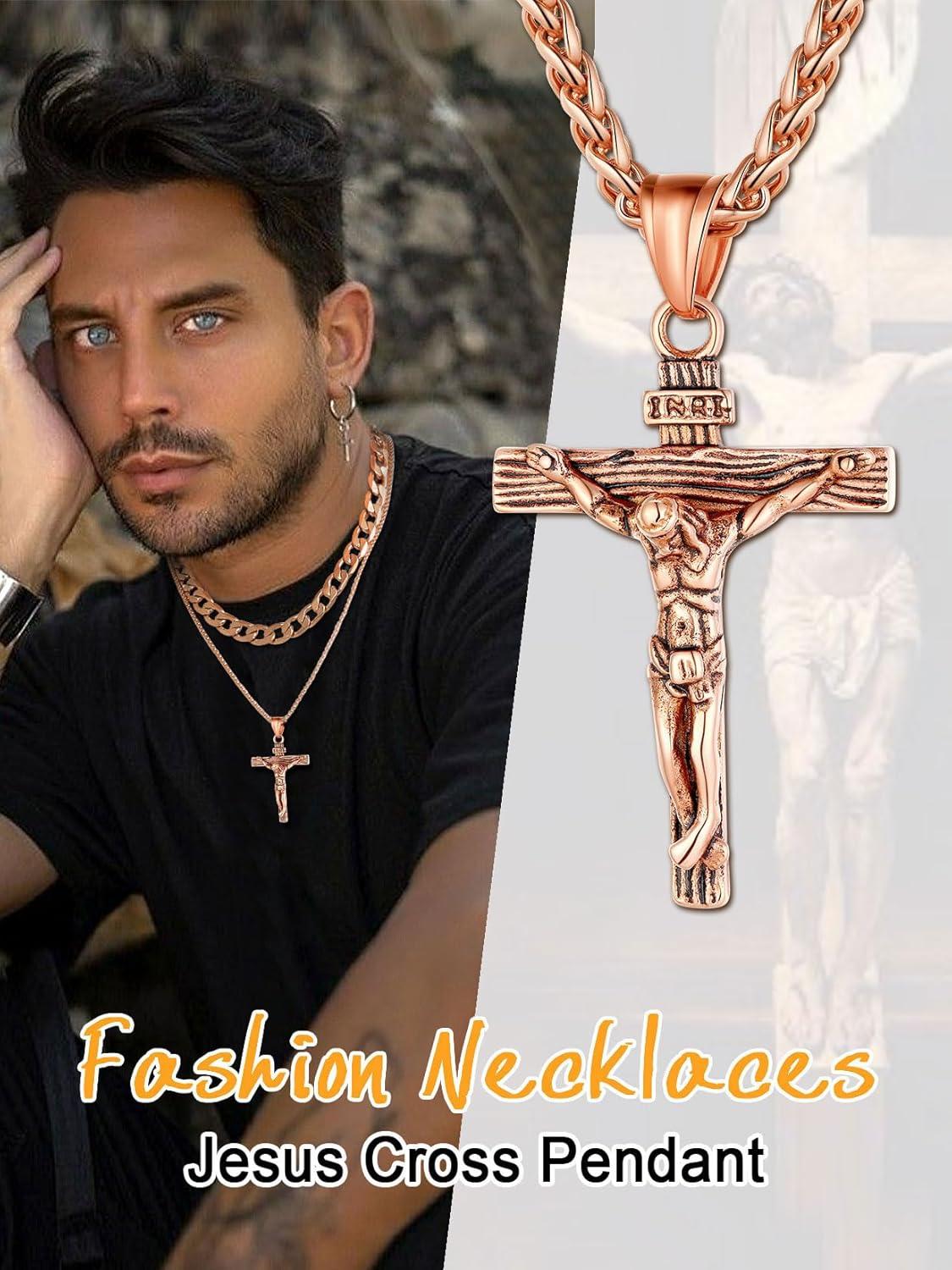 imageU7 Stainless Steel Cross Necklace for Women Men 18K Gold Plated Crucifix Cross Pendant Necklaces with Leather RopeCCrucifix Rose Gold24