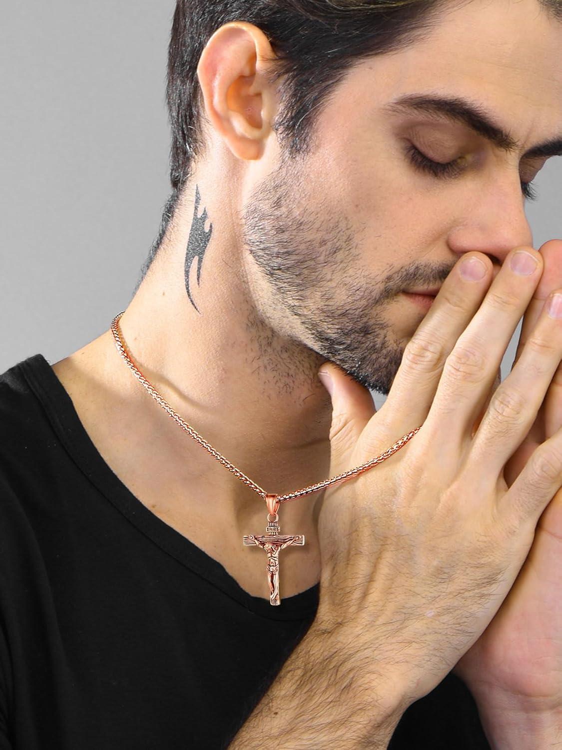 imageU7 Stainless Steel Cross Necklace for Women Men 18K Gold Plated Crucifix Cross Pendant Necklaces with Leather RopeCCrucifix Rose Gold24