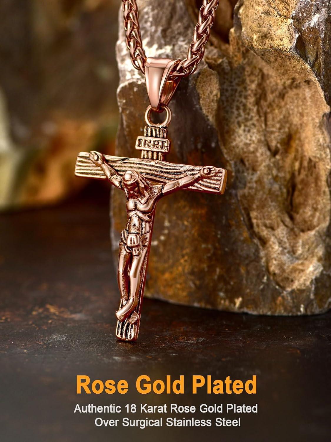 imageU7 Stainless Steel Cross Necklace for Women Men 18K Gold Plated Crucifix Cross Pendant Necklaces with Leather RopeCCrucifix Rose Gold24