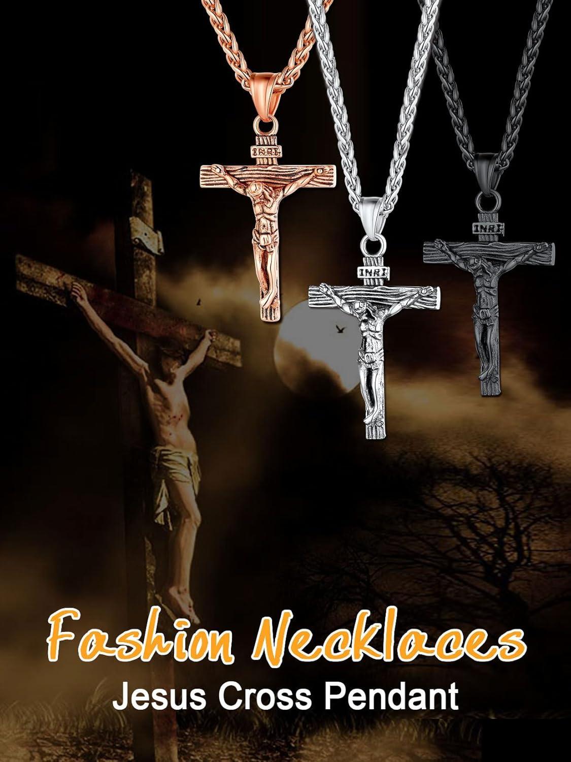 imageU7 Stainless Steel Cross Necklace for Women Men 18K Gold Plated Crucifix Cross Pendant Necklaces with Leather RopeCCrucifix Rose Gold24