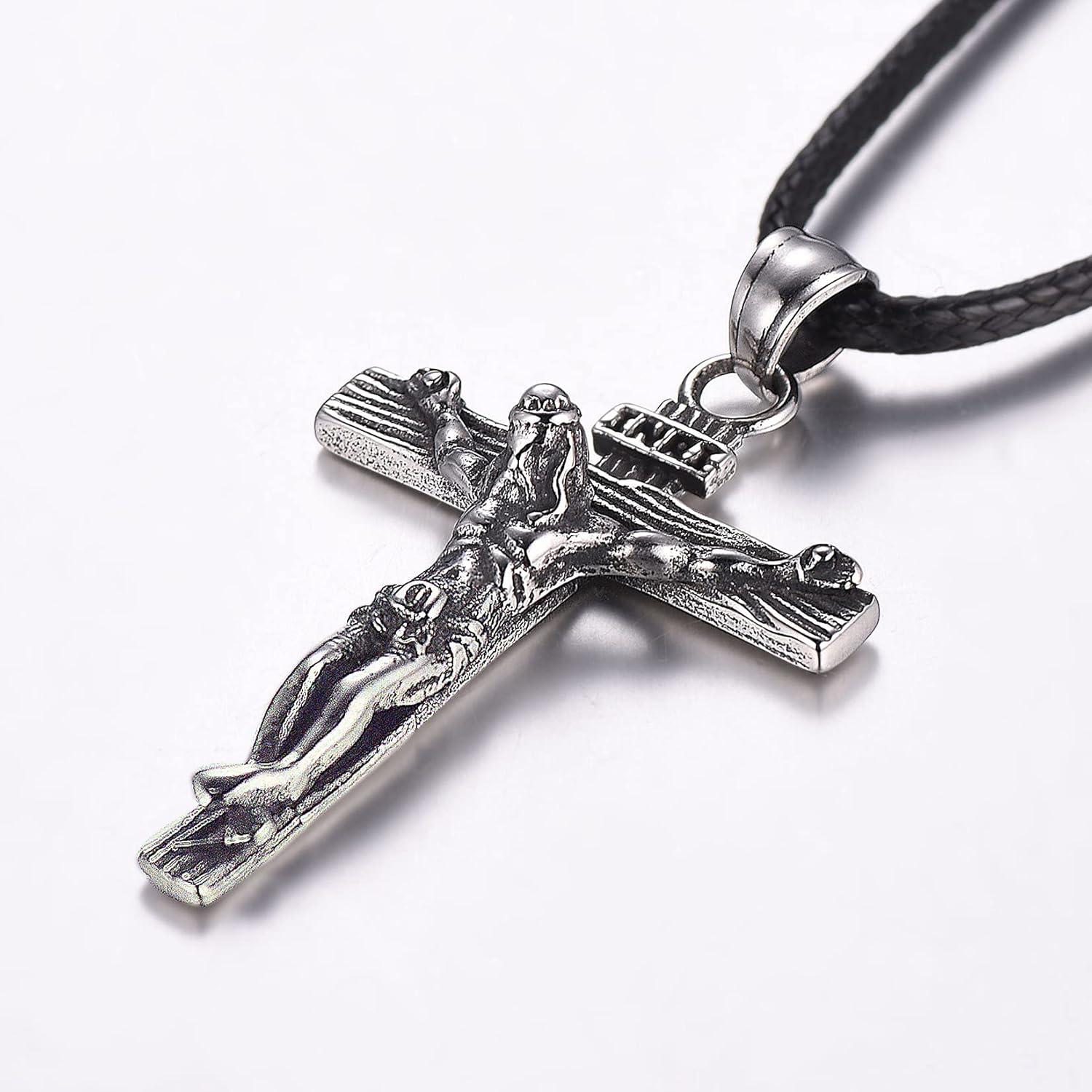 imageU7 Stainless Steel Cross Necklace for Women Men 18K Gold Plated Crucifix Cross Pendant Necklaces with Leather RopeCCrucifix Steel Leather Chain22