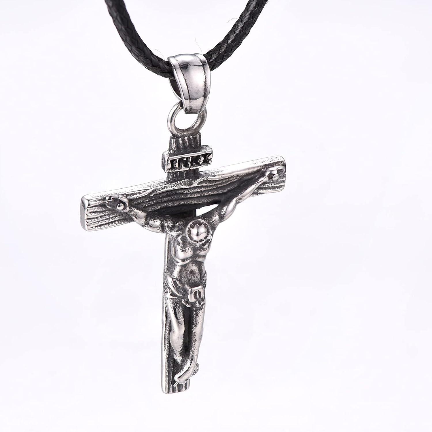 imageU7 Stainless Steel Cross Necklace for Women Men 18K Gold Plated Crucifix Cross Pendant Necklaces with Leather RopeCCrucifix Steel Leather Chain24