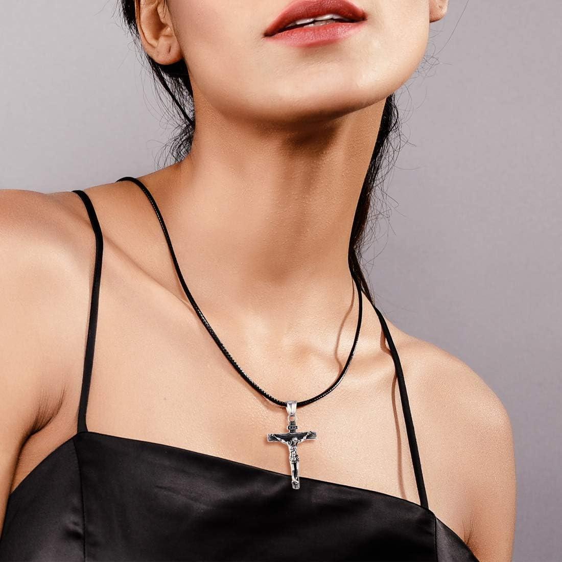 imageU7 Stainless Steel Cross Necklace for Women Men 18K Gold Plated Crucifix Cross Pendant Necklaces with Leather RopeCCrucifix Steel Leather Chain26