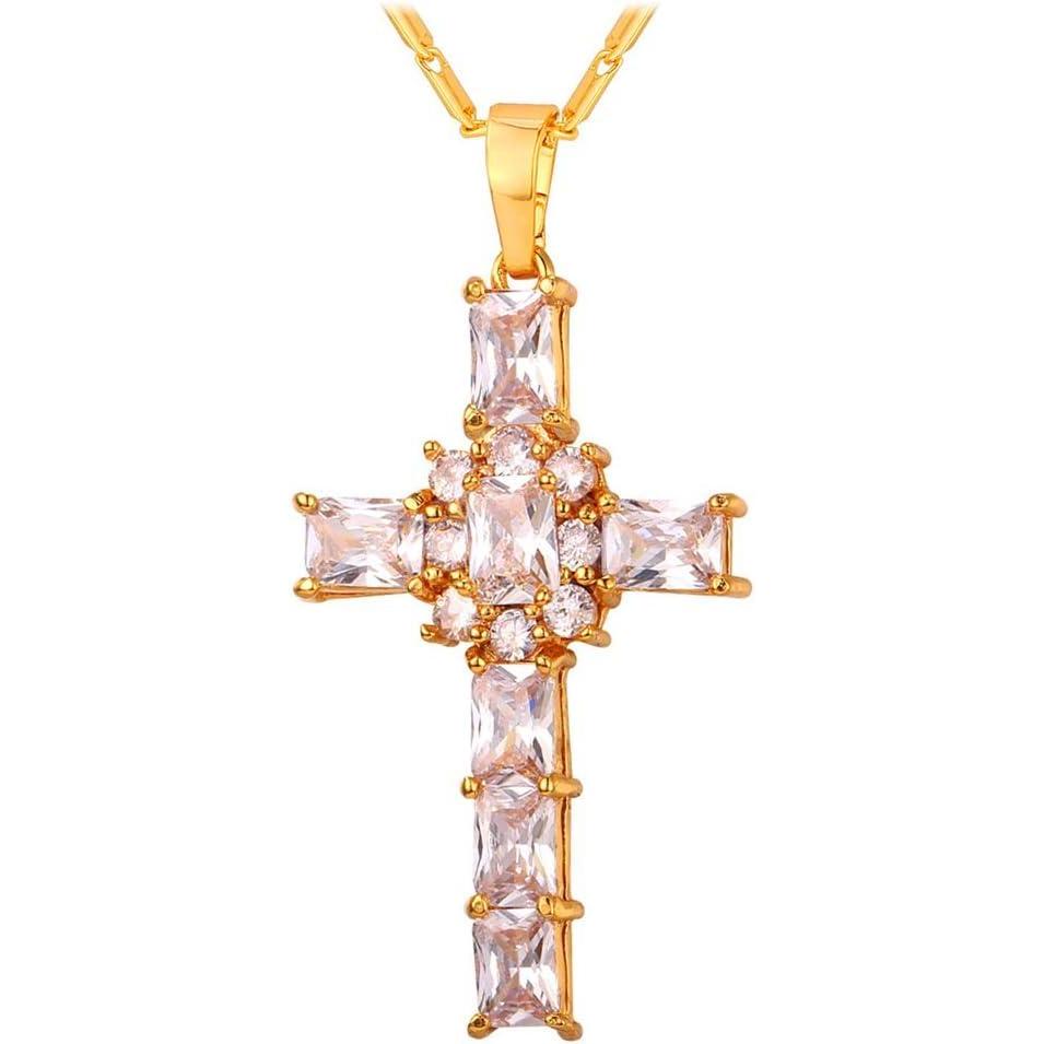 imageU7 Stainless Steel Cross Necklace for Women Men 18K Gold Plated Crucifix Cross Pendant Necklaces with Leather RopeBLatin CrossWhite Platinum