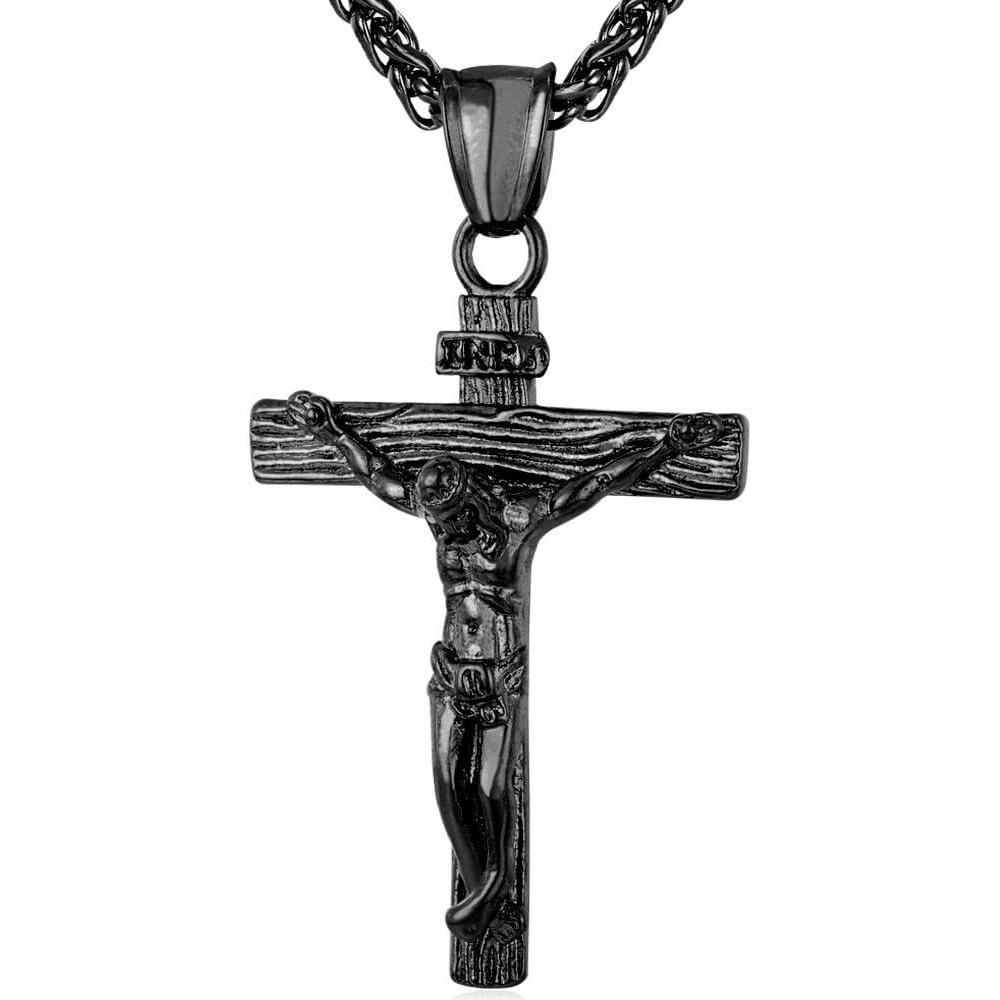 imageU7 Stainless Steel Cross Necklace for Women Men 18K Gold Plated Crucifix Cross Pendant Necklaces with Leather RopeCCrucifix Black26