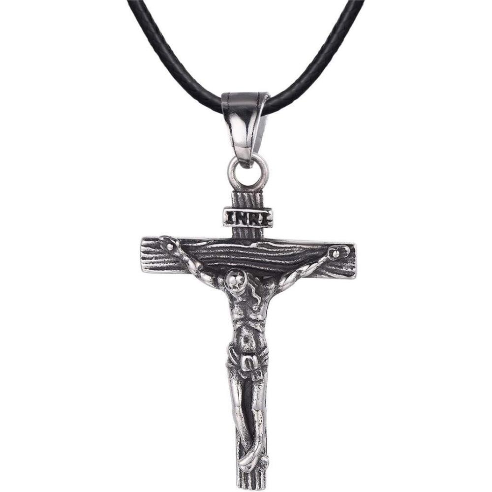 imageU7 Stainless Steel Cross Necklace for Women Men 18K Gold Plated Crucifix Cross Pendant Necklaces with Leather RopeCCrucifix Steel Leather Chain22