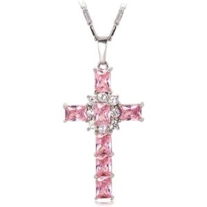 U7 Stainless Steel Cross Necklace for Women Men 18K Gold Plated Crucifix Cross Pendant Necklaces with Leather Rope(B.Latin Cross-Pink & Platinum)