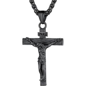 U7 Stainless Steel Cross Necklace for Women Men 18K Gold Plated Crucifix Cross Pendant Necklaces with Leather Rope(C.Crucifix -Black-24″)