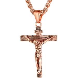 U7 Stainless Steel Cross Necklace for Women Men 18K Gold Plated Crucifix Cross Pendant Necklaces with Leather Rope(C.Crucifix -Rose Gold-24″)
