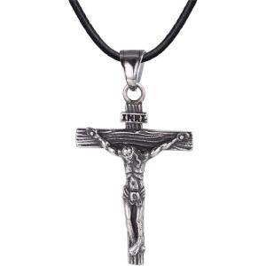 U7 Stainless Steel Cross Necklace for Women Men 18K Gold Plated Crucifix Cross Pendant Necklaces with Leather Rope(C.Crucifix -Steel & Leather Chain-24″)