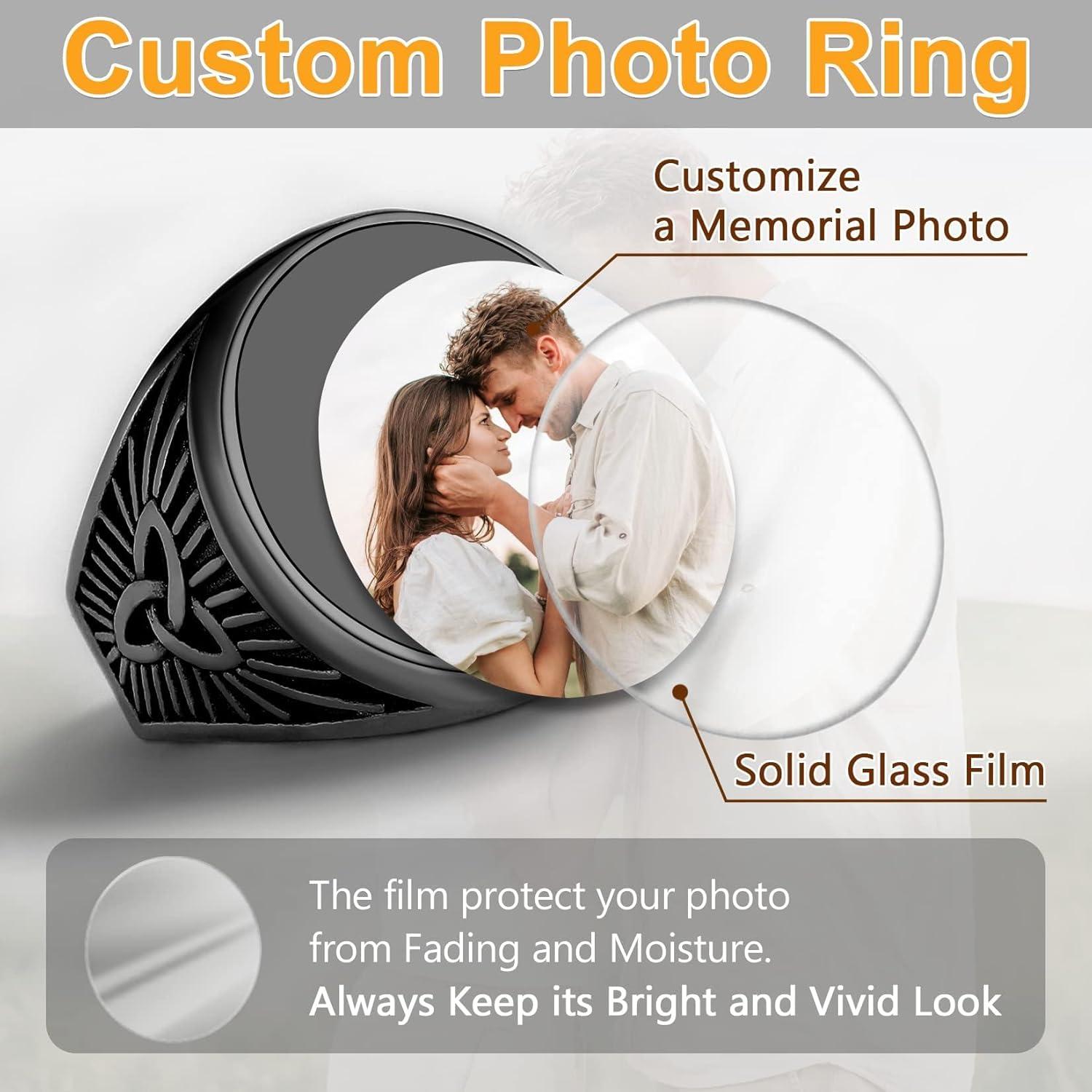 imageU7 Custom Picture amp Text Engraved Ring Stainless Steel 18K Gold Plated Wedding Engagement HeartRoundShieldSquare Signet Rings Personalized Memory Photo Inside Gift for Men Women