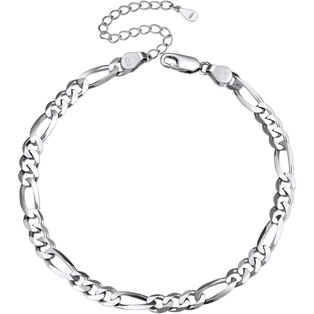 imageFlowerHerringbone ChainFigaroCuban LinkInitial Anklets Sterling Silver Ankle Bracelet Resizable Barefoot Jewelry for WomenFigaro Chain