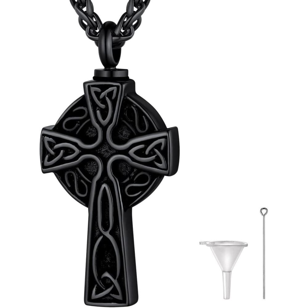 imageCremation Necklace for Ashes Ion Plating Black Metal Irish Knot Celtic Cross Pendant Solid Keepsake Necklace for Urn Ashes GrandmaDadHusbandLover