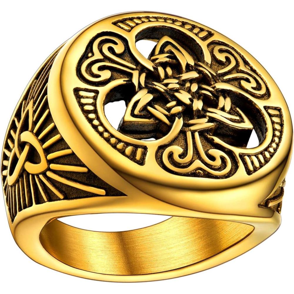 imageU7 Mens Celtic Knot Ring Stainless Steel 18K Gold Plated Crow Ring Raven Rings Signet Rings for MenRound SignetGold