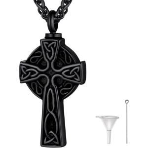 Cremation Necklace for Ashes Ion Plating Black Metal Irish Knot Celtic Cross Pendant Solid Keepsake Necklace for Urn Ashes Grandma/Dad/Husband/Lover