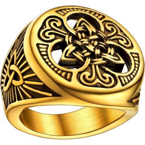 U7 Men’s Celtic Knot Ring Stainless Steel 18K Gold Plated Crow Ring, Raven Rings Signet Rings for Men(Round Signet-Gold)