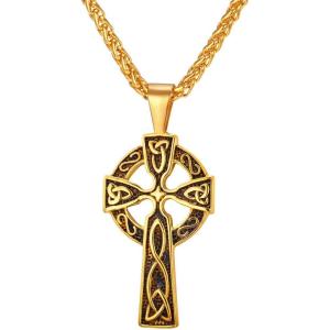 U7 Stainless Steel/Black/18K Gold Plated Celtic Cross Pendant Necklaces for Men Women(Gold)