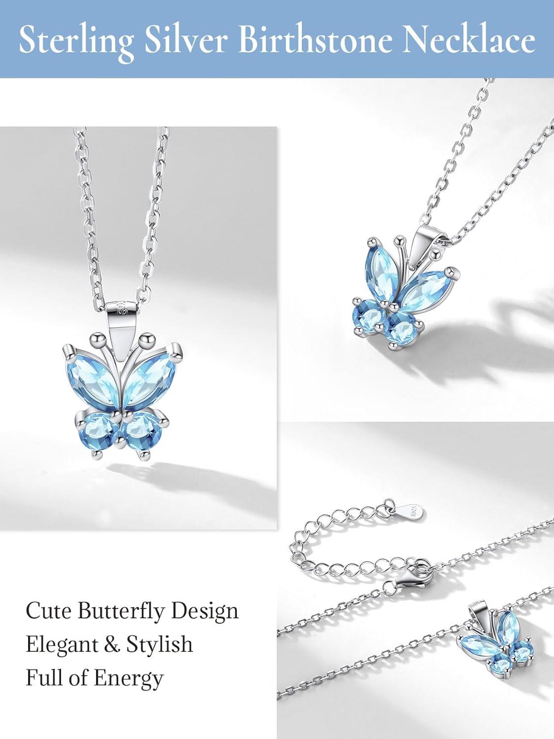 image925 Sterling Silver Butterfly NecklaceAntler Deer NecklaceAdjustable Silver Birthstone Necklace for WomenBirthstone Jewelry Gift for Her03MarchAquamarineButterfly