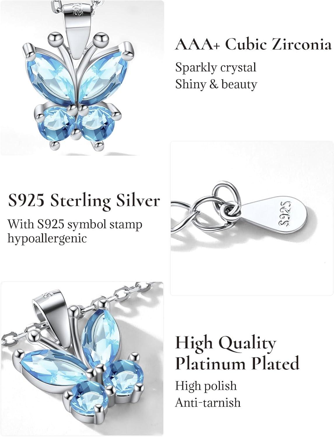 image925 Sterling Silver Butterfly NecklaceAntler Deer NecklaceAdjustable Silver Birthstone Necklace for WomenBirthstone Jewelry Gift for Her03MarchAquamarineButterfly