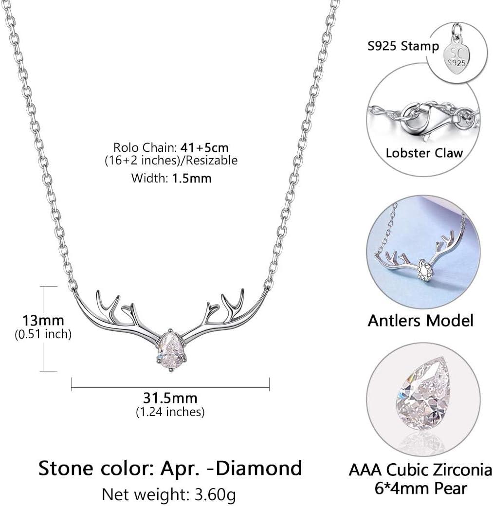 image925 Sterling Silver Butterfly NecklaceAntler Deer NecklaceAdjustable Silver Birthstone Necklace for WomenBirthstone Jewelry Gift for Her04AprilDiamondDeer