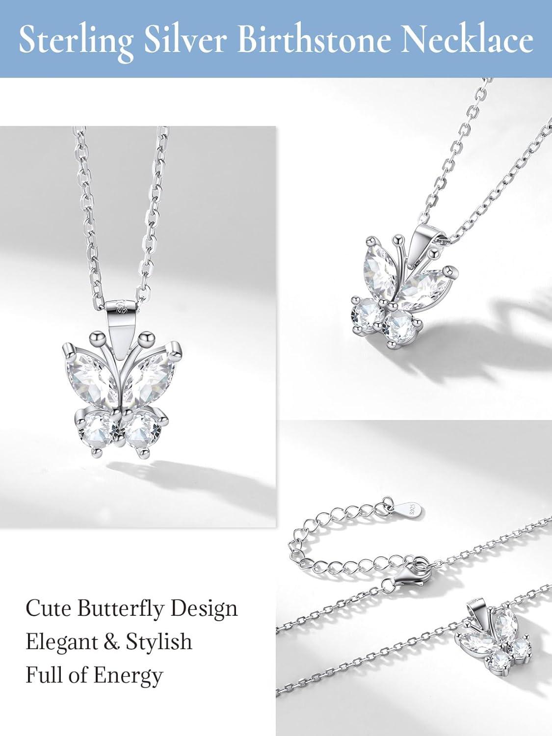 image925 Sterling Silver Butterfly NecklaceAntler Deer NecklaceAdjustable Silver Birthstone Necklace for WomenBirthstone Jewelry Gift for Her04AprilDiamondButterfly