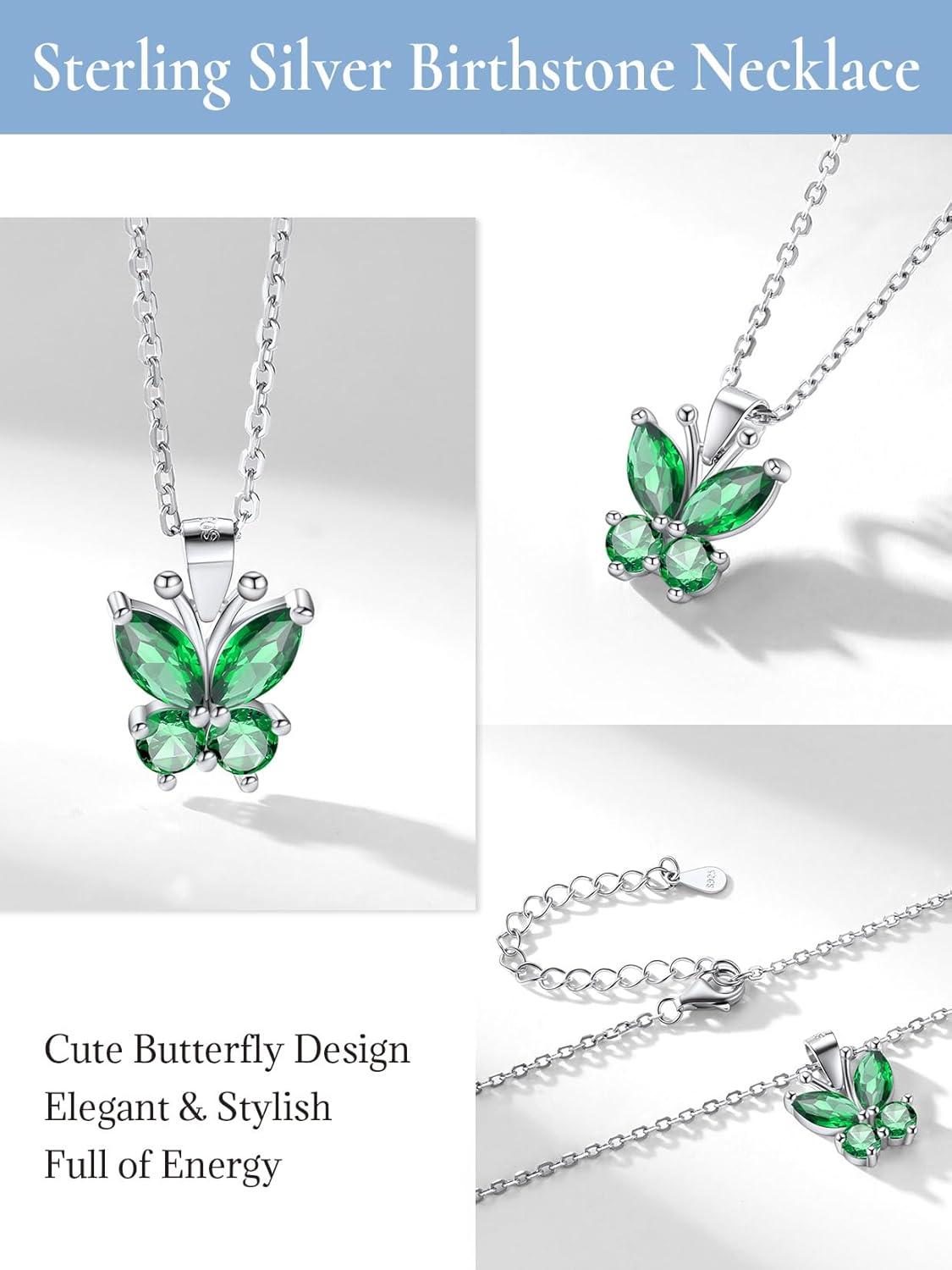image925 Sterling Silver Butterfly NecklaceAntler Deer NecklaceAdjustable Silver Birthstone Necklace for WomenBirthstone Jewelry Gift for Her05MayEmeraldButterfly