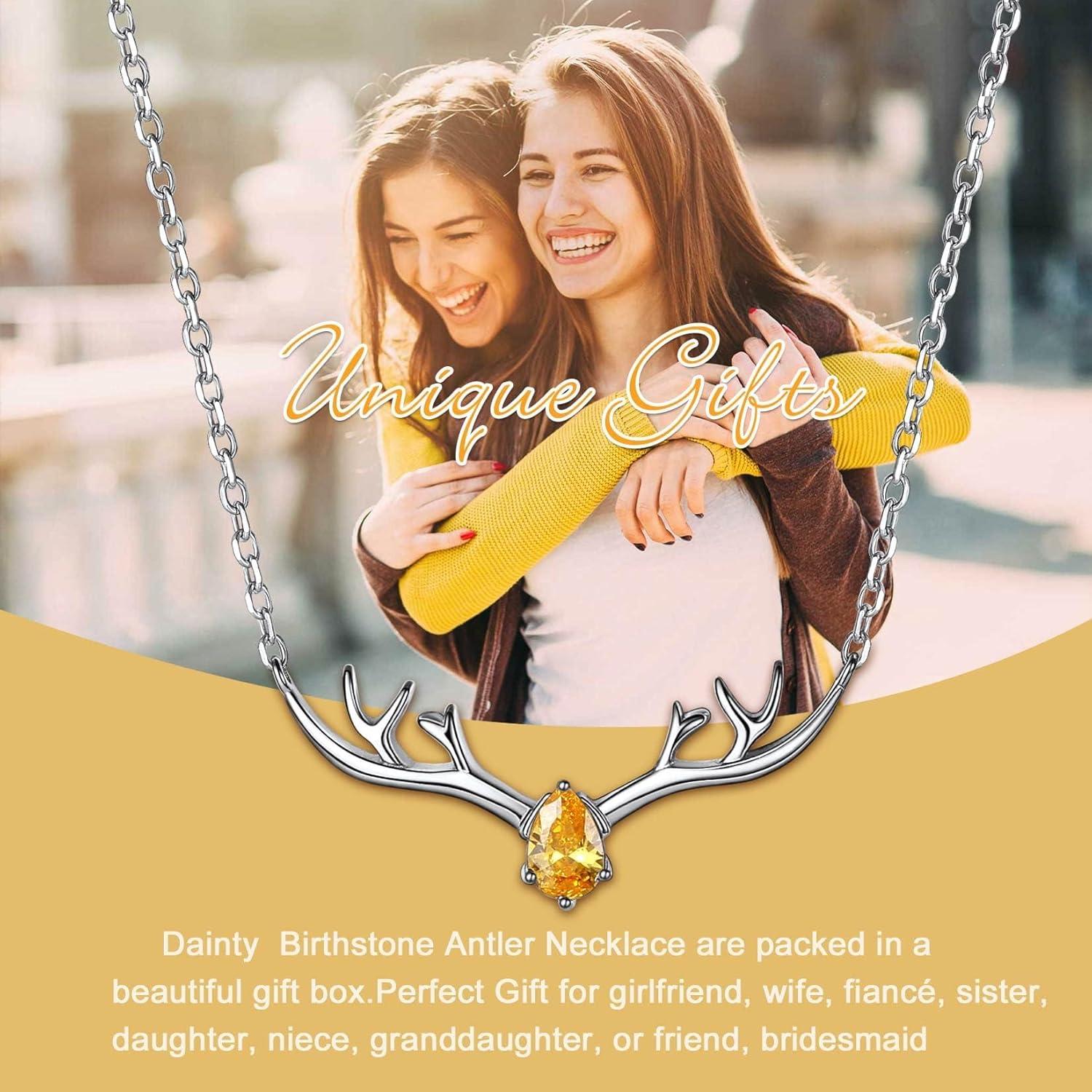 image925 Sterling Silver Butterfly NecklaceAntler Deer NecklaceAdjustable Silver Birthstone Necklace for WomenBirthstone Jewelry Gift for Her11NovemberYellow TopazDeer