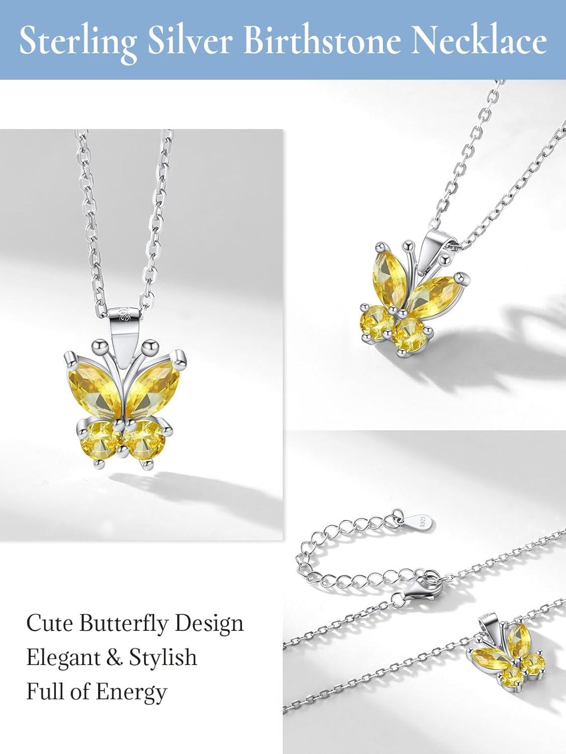 image925 Sterling Silver Butterfly NecklaceAntler Deer NecklaceAdjustable Silver Birthstone Necklace for WomenBirthstone Jewelry Gift for Her11NovemberYellow TopazButterfly