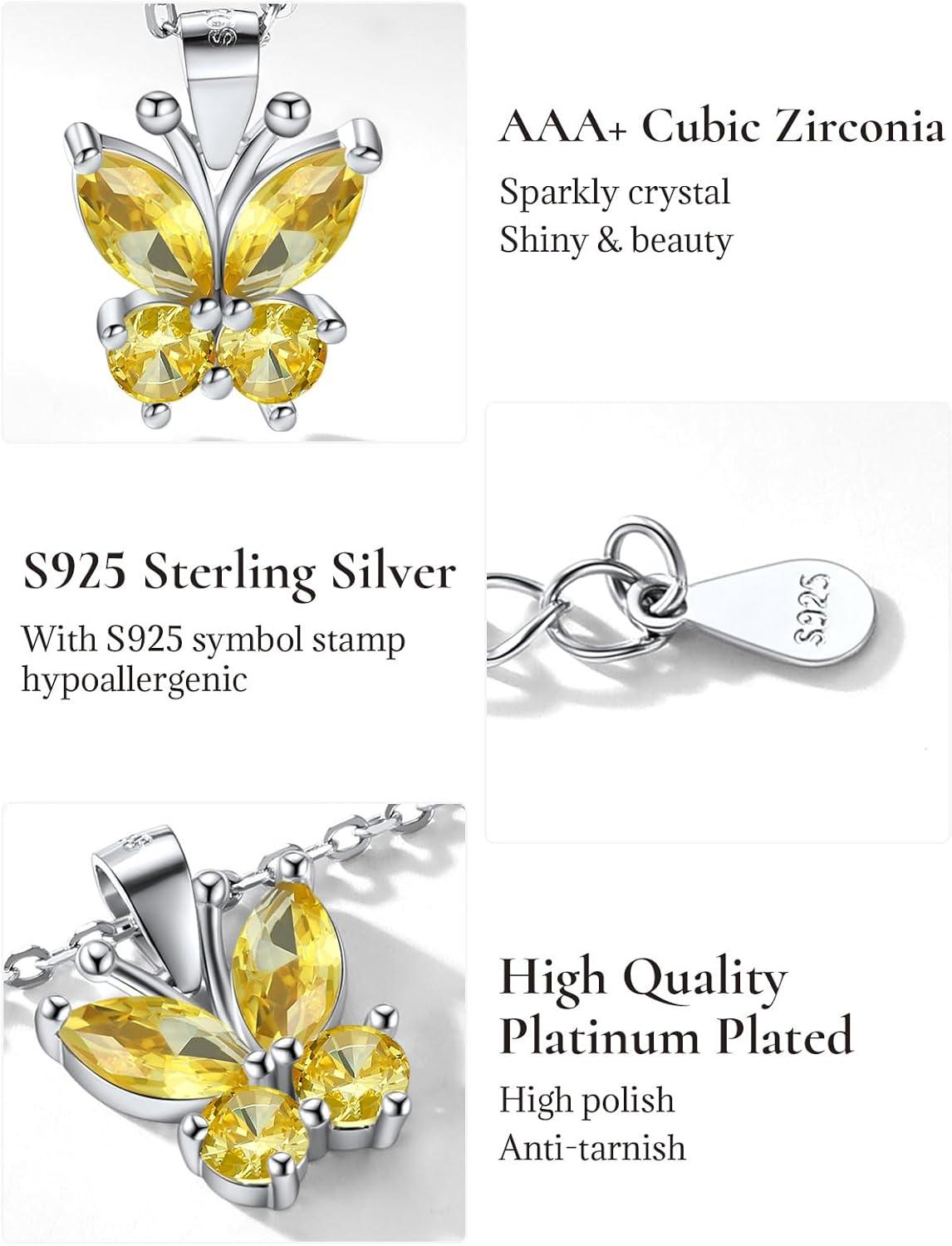 image925 Sterling Silver Butterfly NecklaceAntler Deer NecklaceAdjustable Silver Birthstone Necklace for WomenBirthstone Jewelry Gift for Her11NovemberYellow TopazButterfly