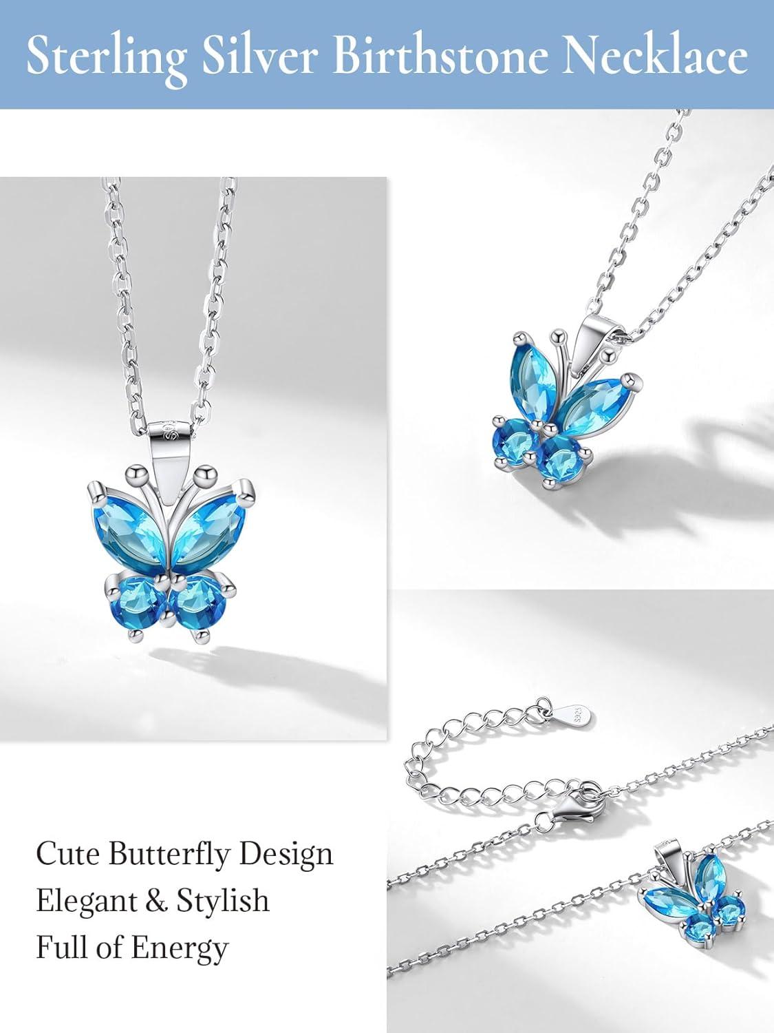 image925 Sterling Silver Butterfly NecklaceAntler Deer NecklaceAdjustable Silver Birthstone Necklace for WomenBirthstone Jewelry Gift for Her12DecemberBlue TopazButterfly
